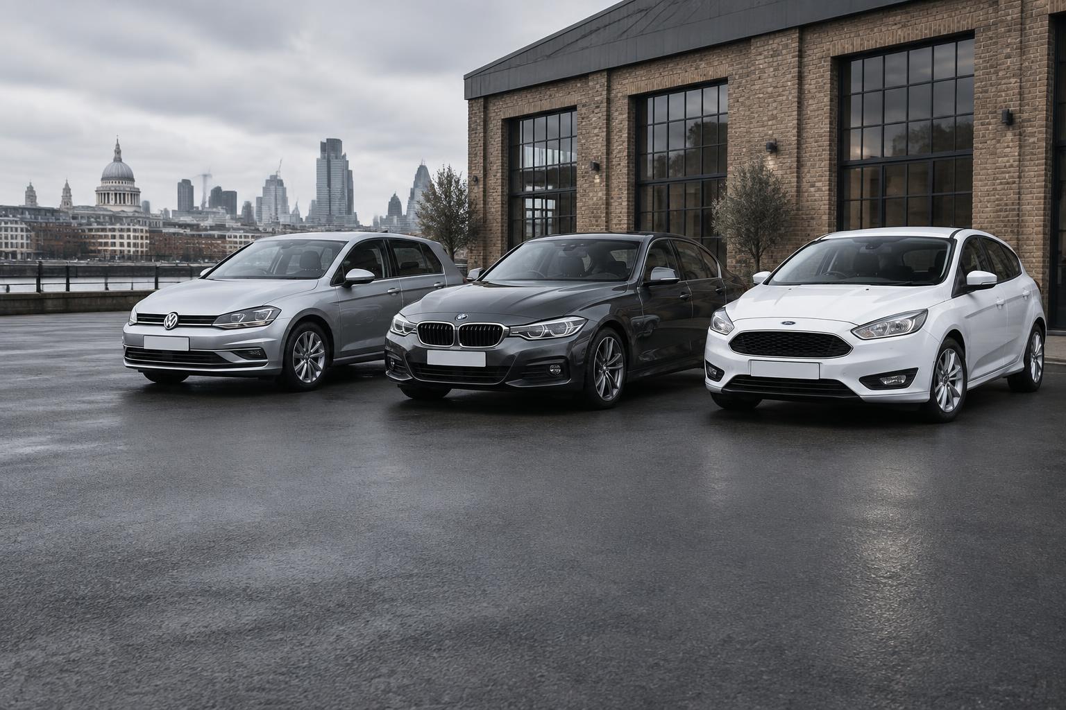 Volkswagen, BMW and Ford vehicles outside a London showroom