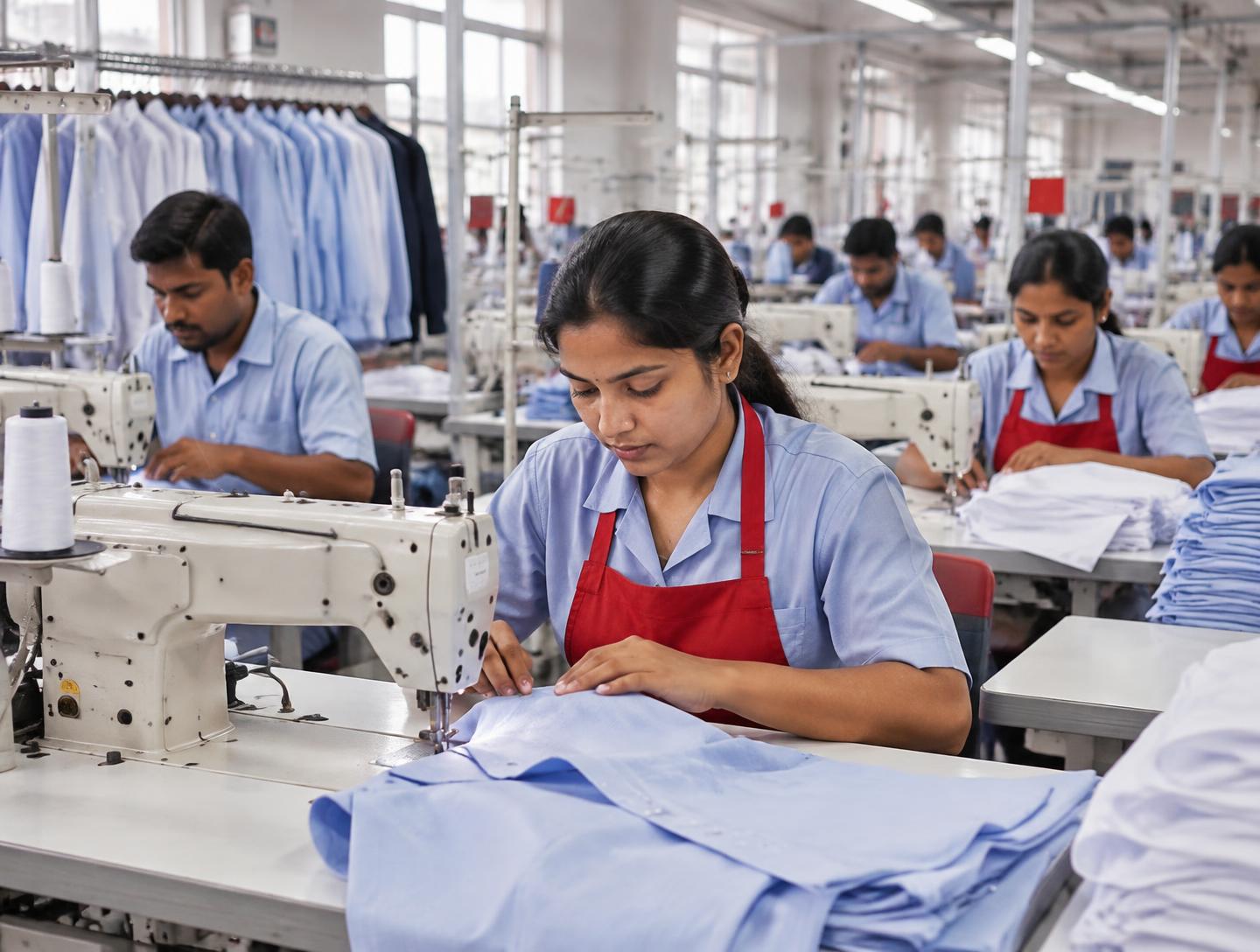 Skilled garment workers producing formal shirts on an organised production line