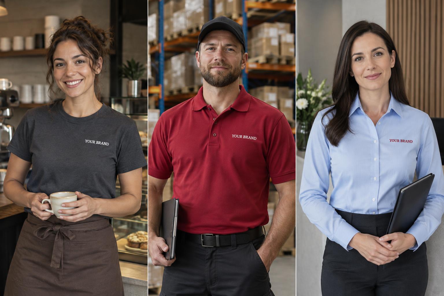 Hospitality, logistics and office professionals wearing t-shirts, collared polos and formal shirts with YOUR BRAND chest logos