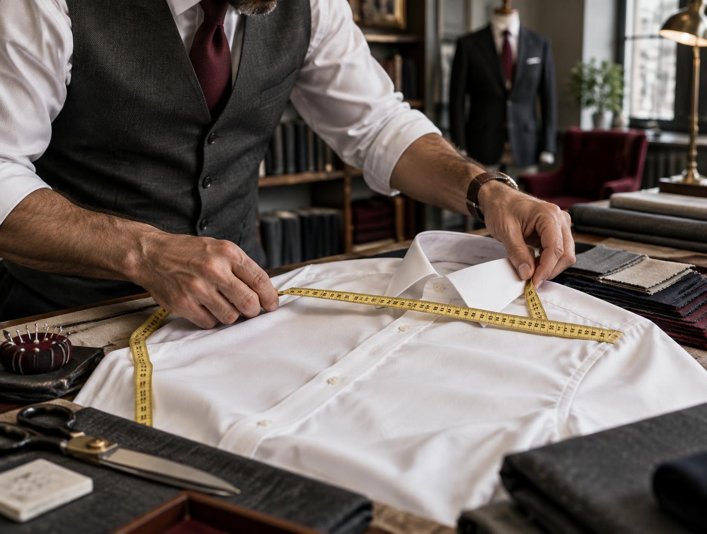 Tailor measuring a formal shirt with a measuring tape