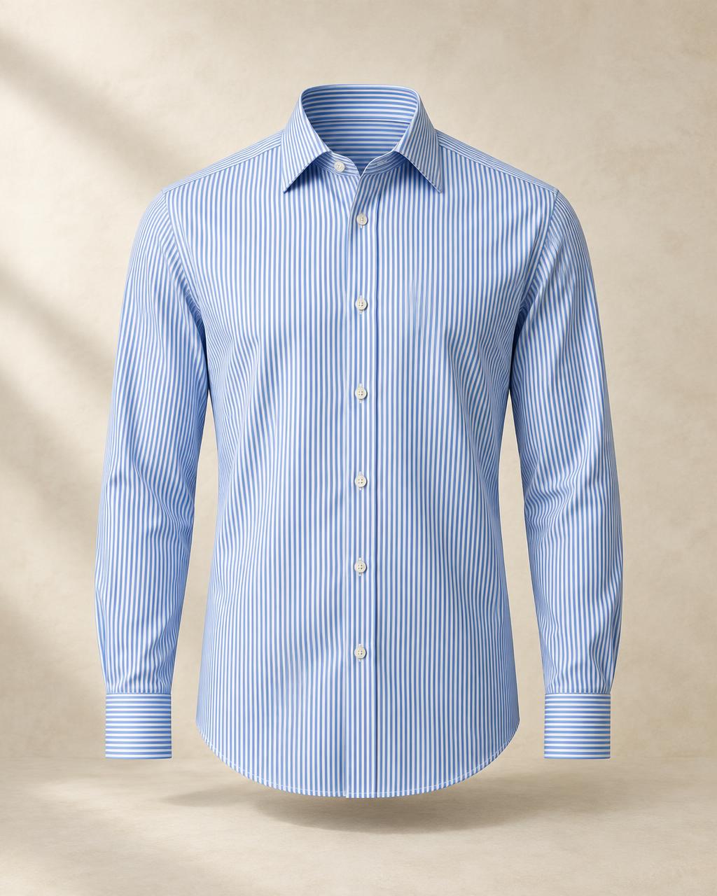 Blue striped formal shirt showing precise tailoring